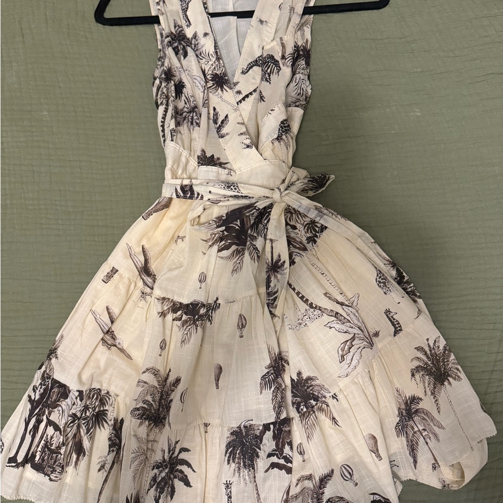 Sleeveless Cream Wrap Dress with Tropical Print